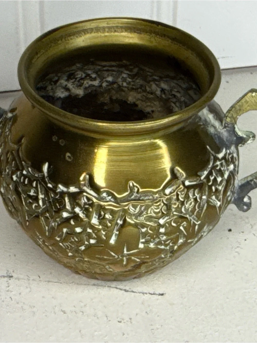 Vintage Mini Brass Metal Tea Pot Kettle w/ D Handle | MCM | Engraved